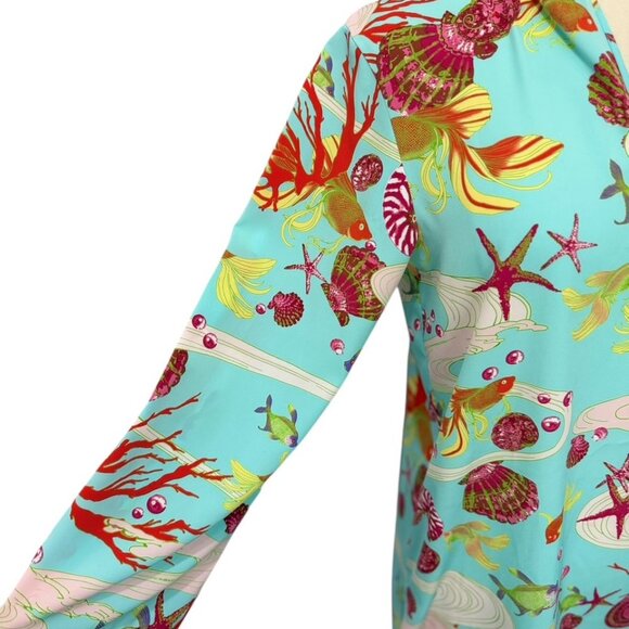 Natori Swim Cover-Up Tunic w/Hood Long Sleeve Coral Reef Ocean Starfish Size XS - Picture 3 of 8